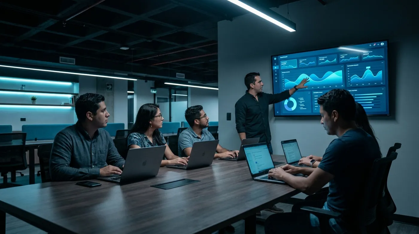 Taller presencial: grupo construyendo con laptops en Metepec